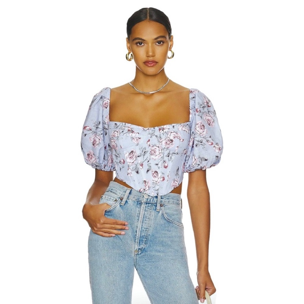 Bardot Light Blue Floral Puff Sleeve Cropped Blouse